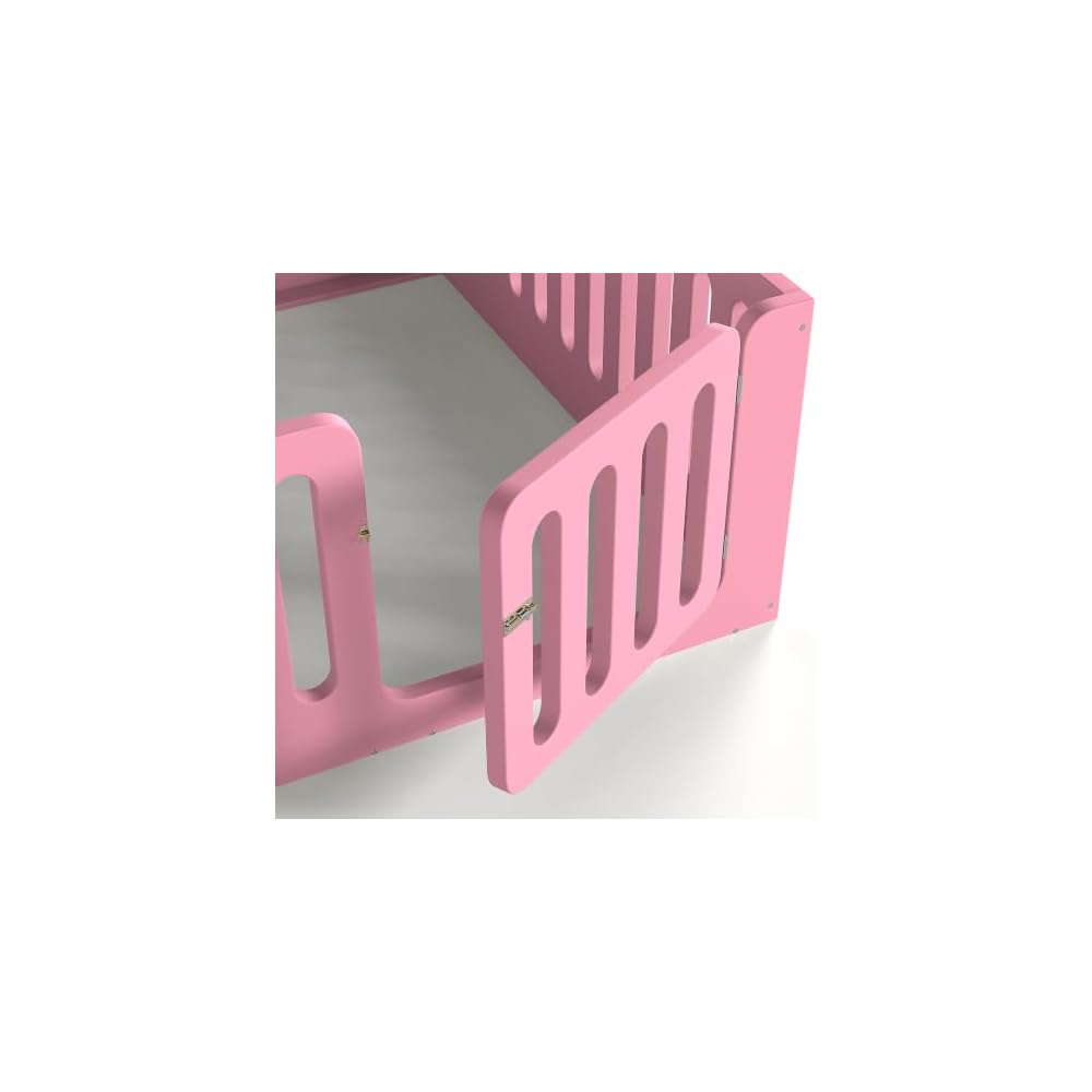 Queen Floor Bed with High Fence and Door, Low Profile Montessori Bed, Pink