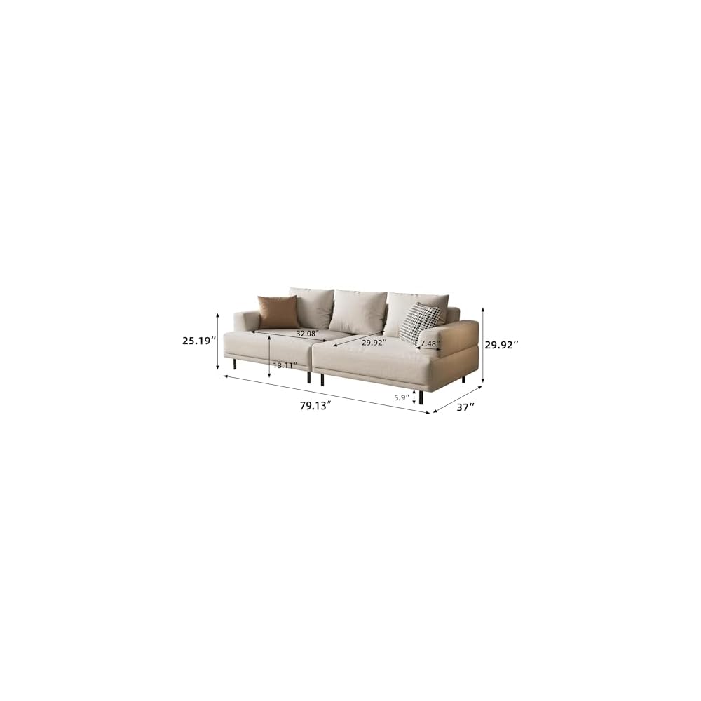 82.67" 3-Seater Sectional Sofa Cream Fabric with Metal Legs