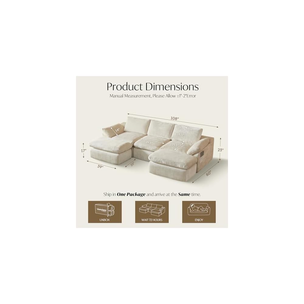 Vamcheer U-Shaped Sectional Sofa with 2 Ottomans, Beige 60.6''x108''x22.8''