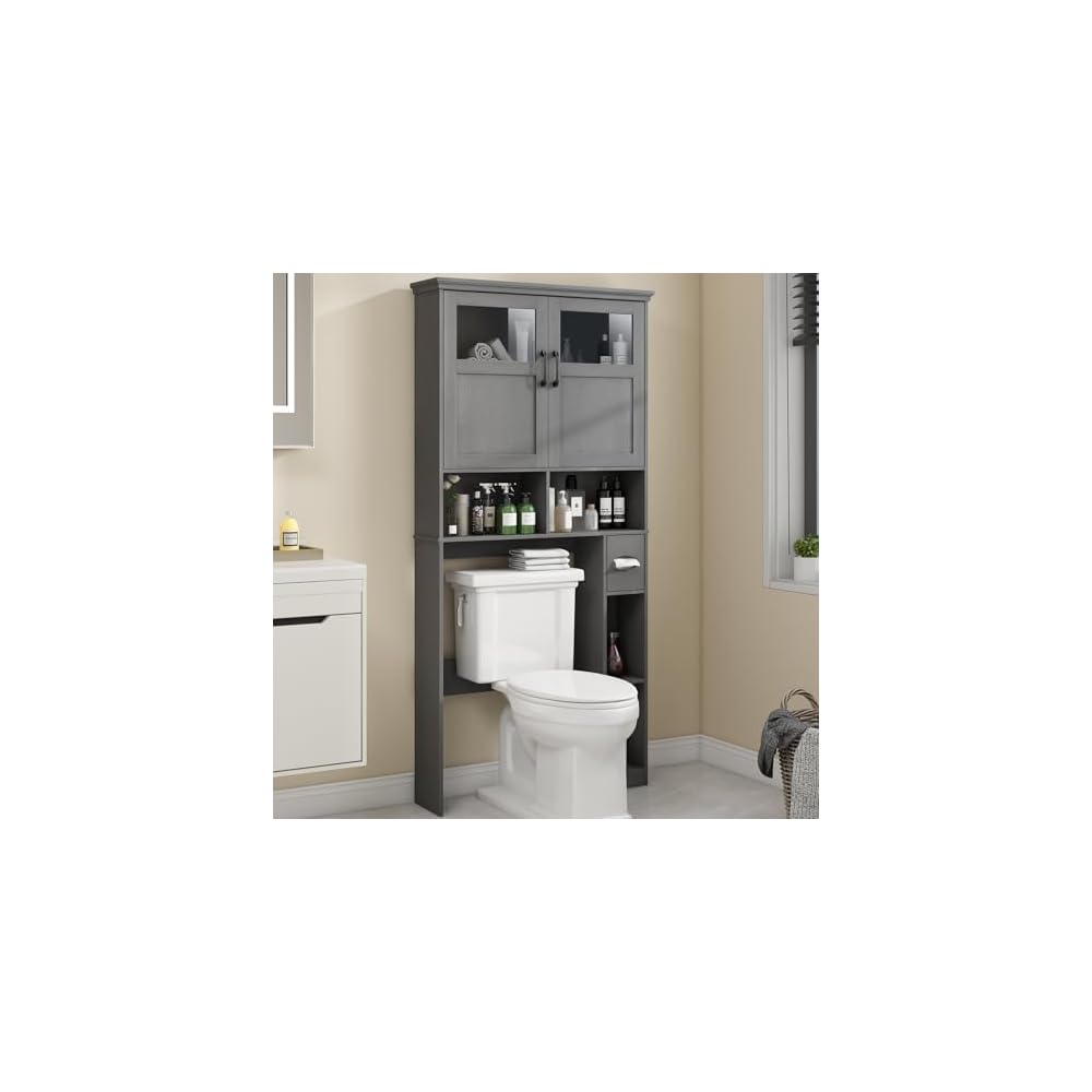 Vabches Over The Toilet Storage Cabinet with Doors and Shelf, Natural Grey