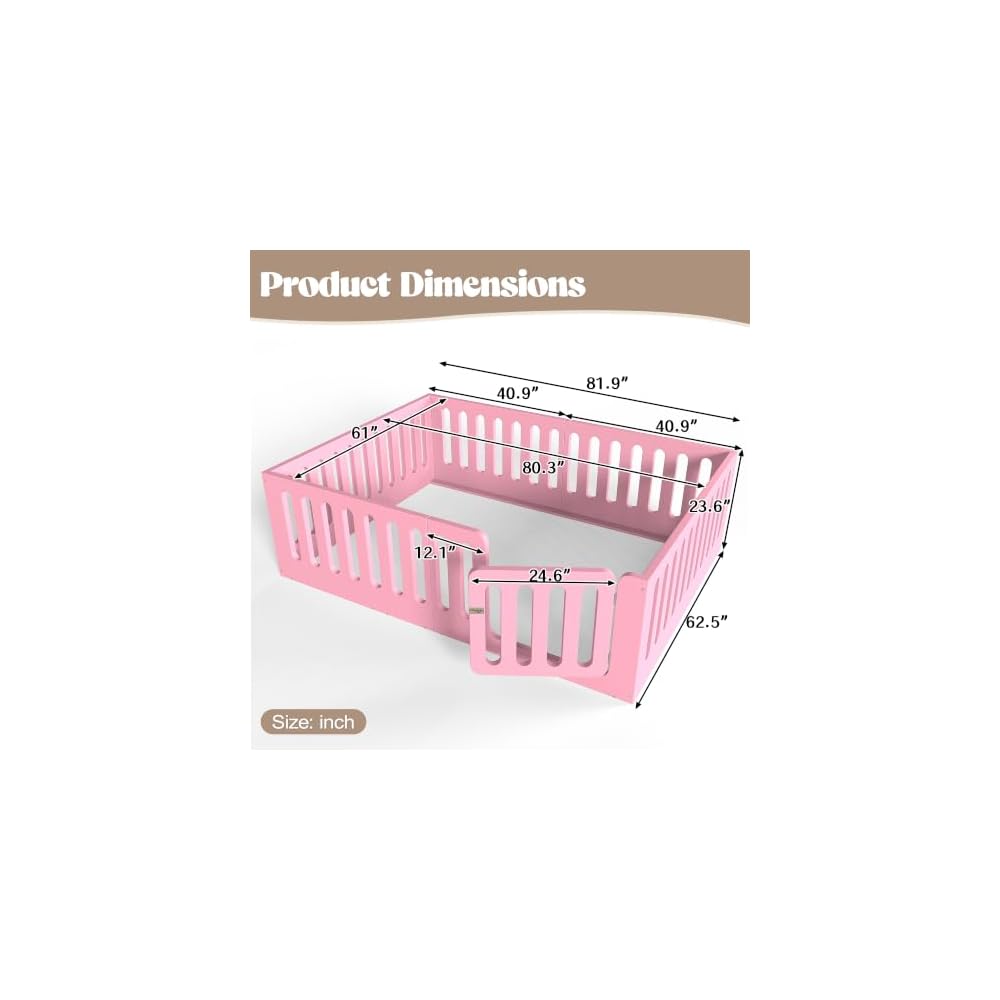 Queen Floor Bed with High Fence and Door, Low Profile Montessori Bed, Pink