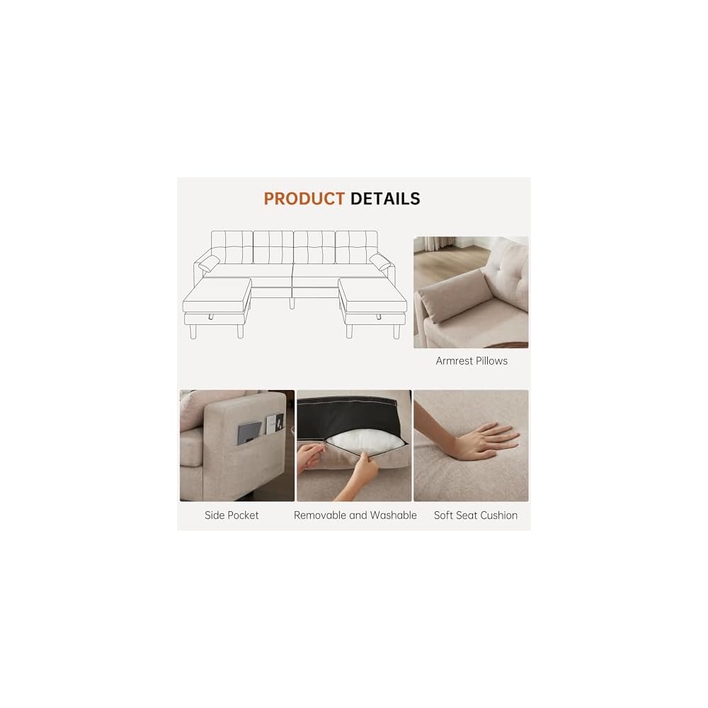 Sectional U Shape Sofa with Storage, 100" Convertible 4 Seater Couch with 2 Movable Ottomans Polyester Fibre for Living Room, Beige