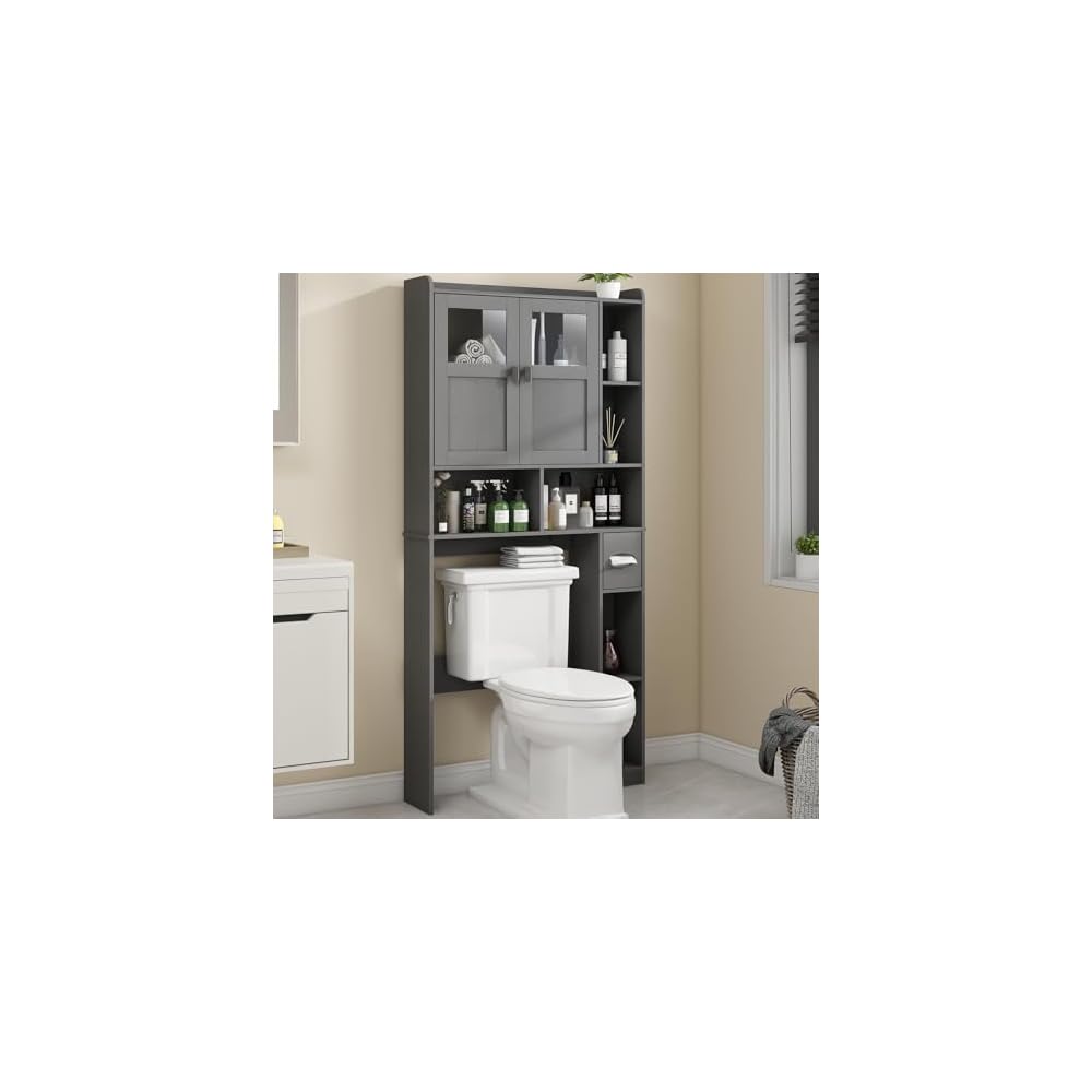 Vabches Over The Toilet Storage Cabinet with Doors and Shelf, Natural Grey