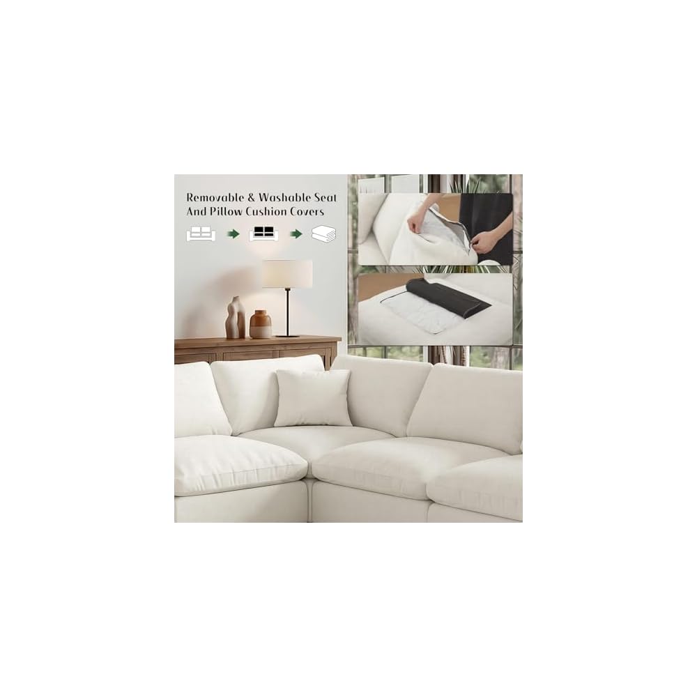 95.4" L Shaped Modular Sectional Cloud Couch,Modern Sofa with Down Filling, Detachable Cushion Covers,3 Seater with Ottoman Comfy Modular Sectional Sofa,Cream White-Linen