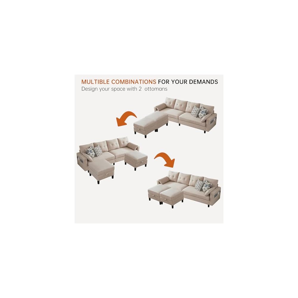 Sectional U Shape Sofa with Storage, 100" Convertible 4 Seater Couch with 2 Movable Ottomans Polyester Fibre for Living Room, Beige