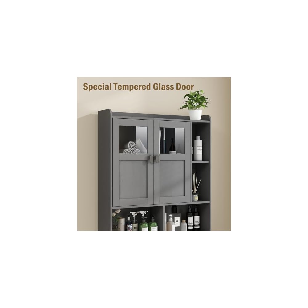 Vabches Over The Toilet Storage Cabinet with Doors and Shelf, Natural Grey