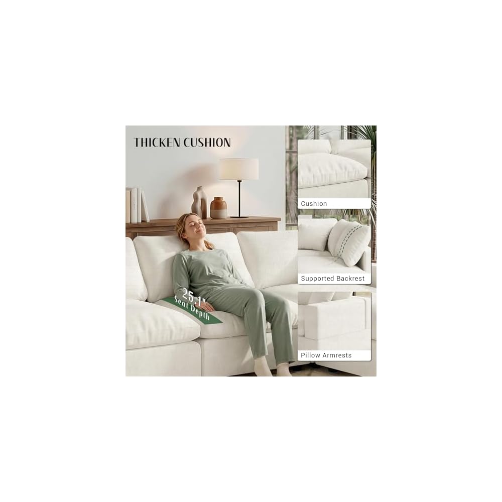 95.4" L Shaped Modular Sectional Cloud Couch,Modern Sofa with Down Filling, Detachable Cushion Covers,3 Seater with Ottoman Comfy Modular Sectional Sofa,Cream White-Linen