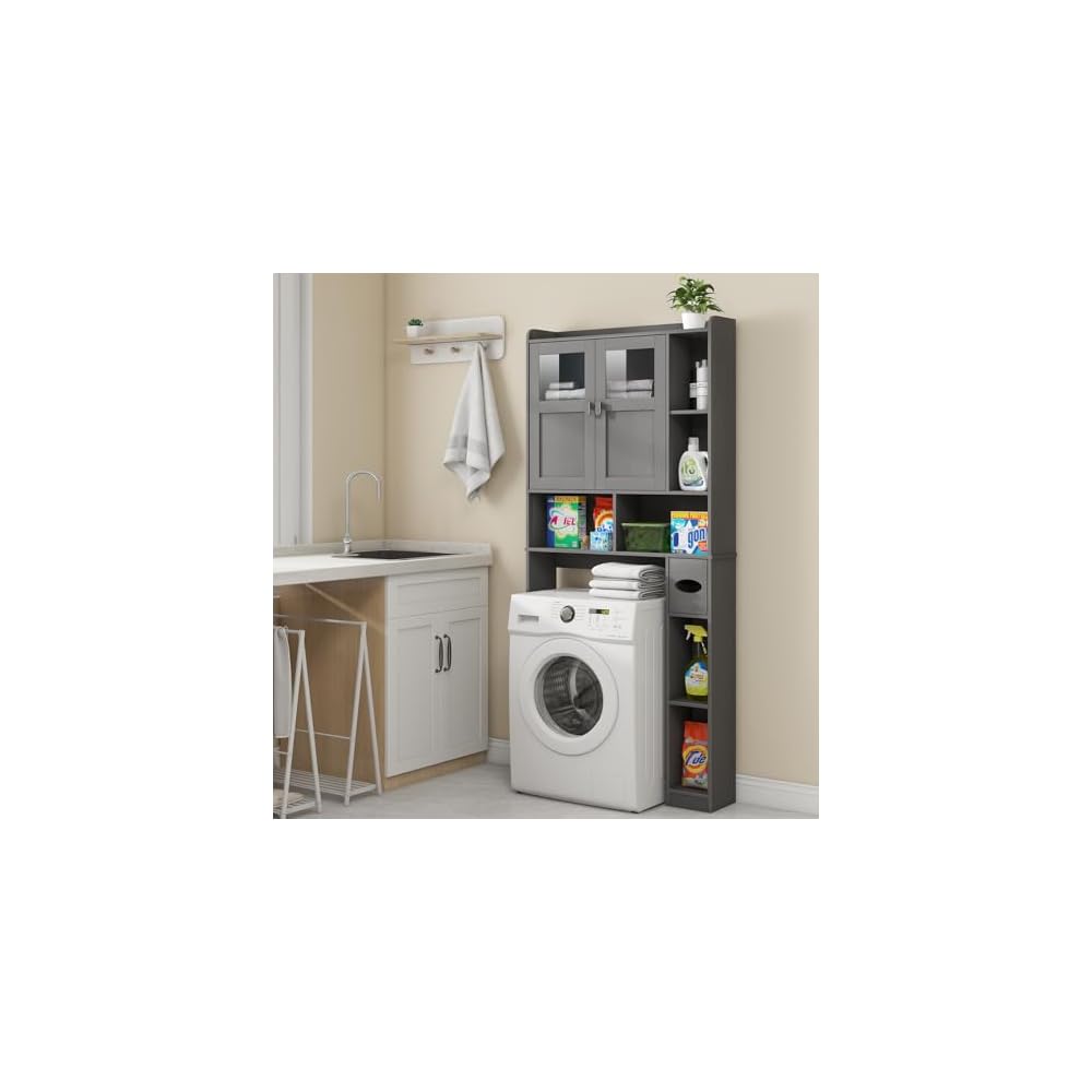 Vabches Over The Toilet Storage Cabinet with Doors and Shelf, Natural Grey