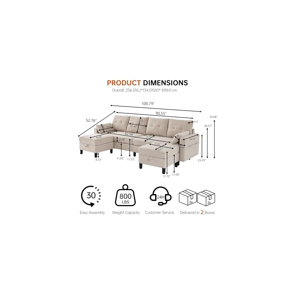 Sectional U Shape Sofa with Storage, 100" Convertible 4 Seater Couch with 2 Movable Ottomans Polyester Fibre for Living Room, Beige