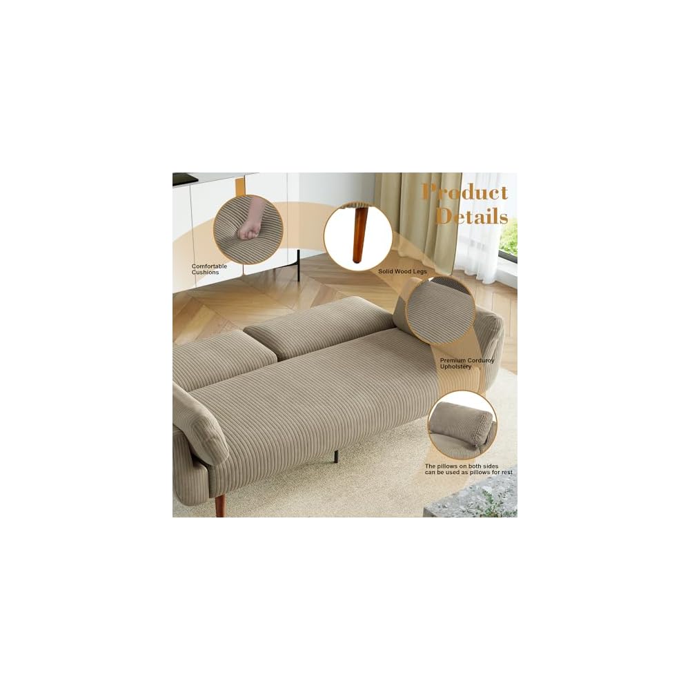 Convertible Futon Couch Sleeper Sofa Bed, Corduroy Fabric Modern 2-Seater Loveseat Tufted Sleep Lounge Sofa with Adjustable Backrest for Living Room, Bedroom, Apartment -Khaki