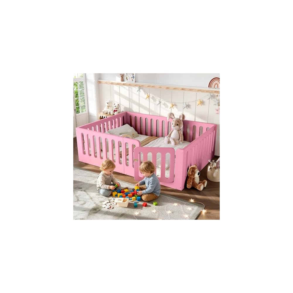 Queen Floor Bed with High Fence and Door, Low Profile Montessori Bed, Pink
