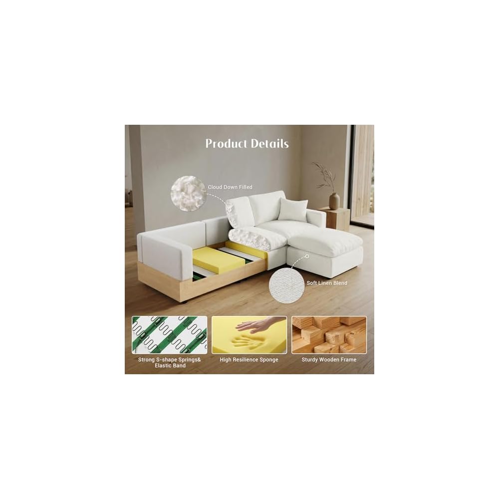 95.4" L Shaped Modular Sectional Cloud Couch,Modern Sofa with Down Filling, Detachable Cushion Covers,3 Seater with Ottoman Comfy Modular Sectional Sofa,Cream White-Linen