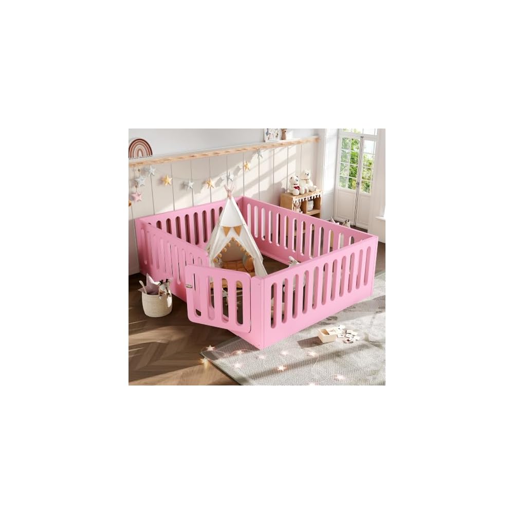 Queen Floor Bed with High Fence and Door, Low Profile Montessori Bed, Pink