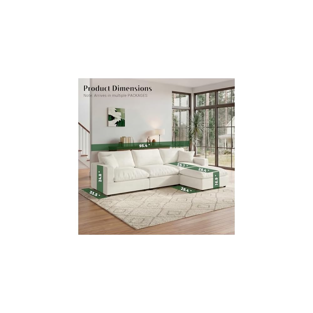 95.4" L Shaped Modular Sectional Cloud Couch,Modern Sofa with Down Filling, Detachable Cushion Covers,3 Seater with Ottoman Comfy Modular Sectional Sofa,Cream White-Linen