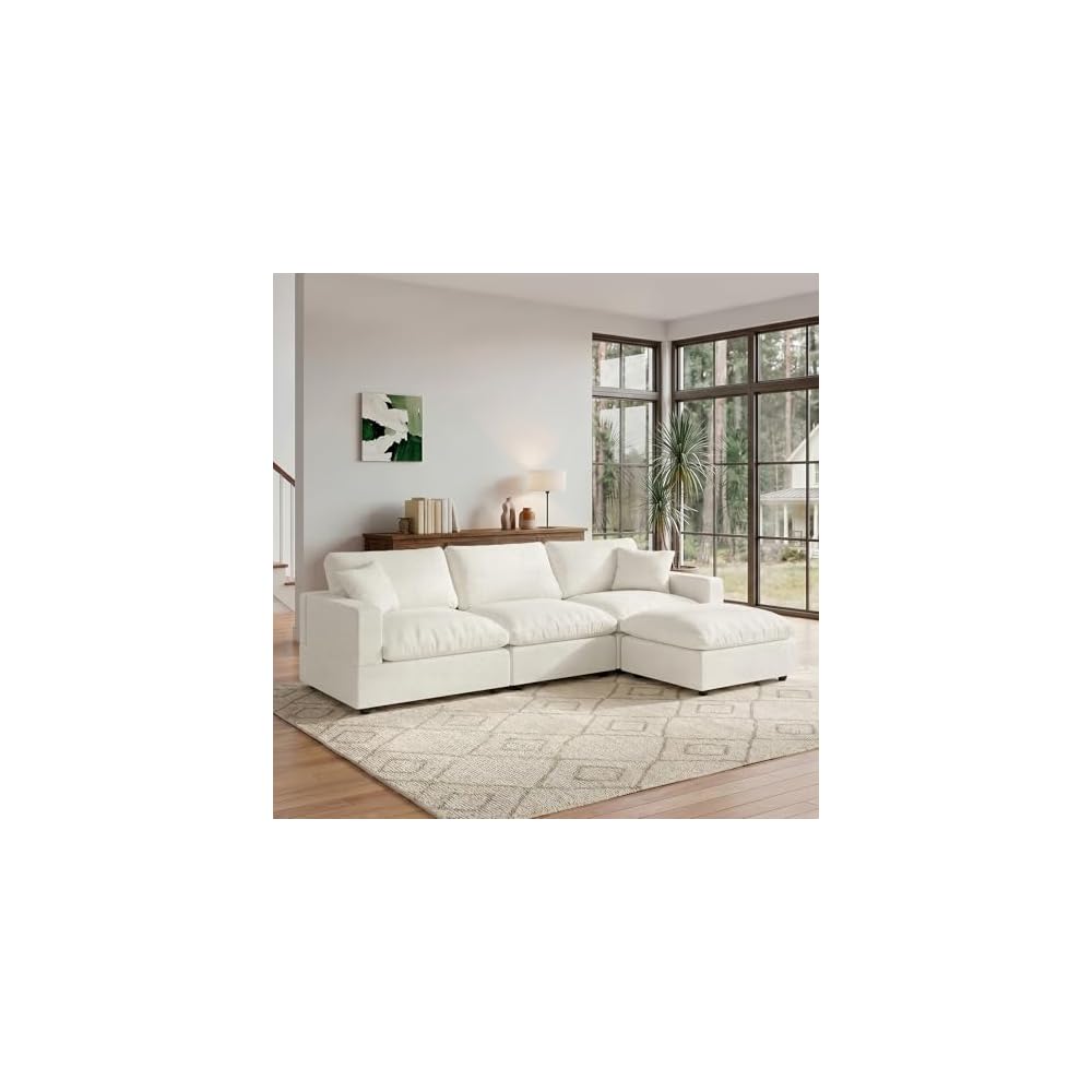 95.4" L Shaped Modular Sectional Cloud Couch,Modern Sofa with Down Filling, Detachable Cushion Covers,3 Seater with Ottoman Comfy Modular Sectional Sofa,Cream White-Linen