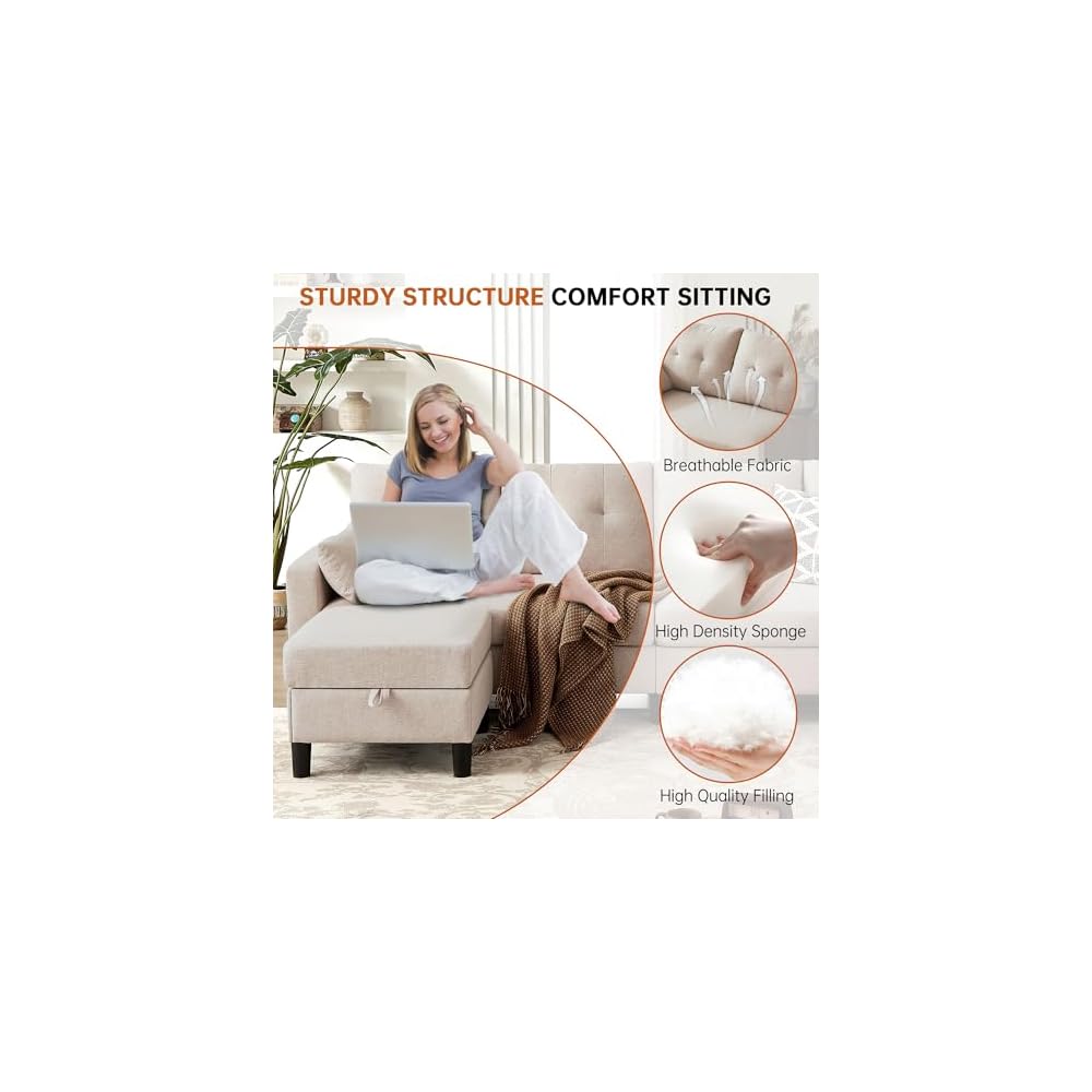 Sectional U Shape Sofa with Storage, 100" Convertible 4 Seater Couch with 2 Movable Ottomans Polyester Fibre for Living Room, Beige