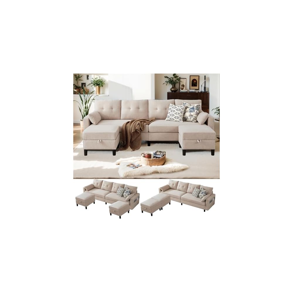 Sectional U Shape Sofa with Storage, 100" Convertible 4 Seater Couch with 2 Movable Ottomans Polyester Fibre for Living Room, Beige