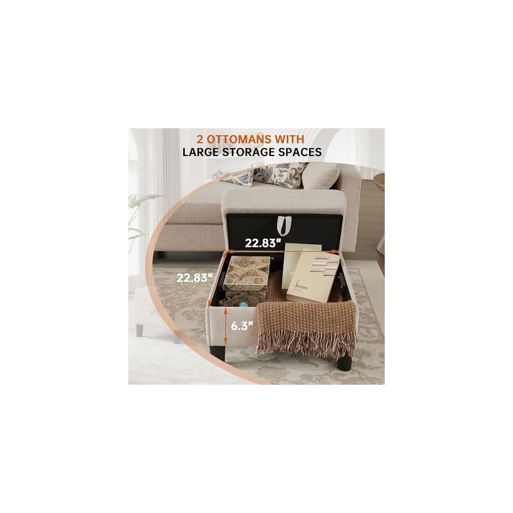 Sectional U Shape Sofa with Storage, 100" Convertible 4 Seater Couch with 2 Movable Ottomans Polyester Fibre for Living Room, Beige