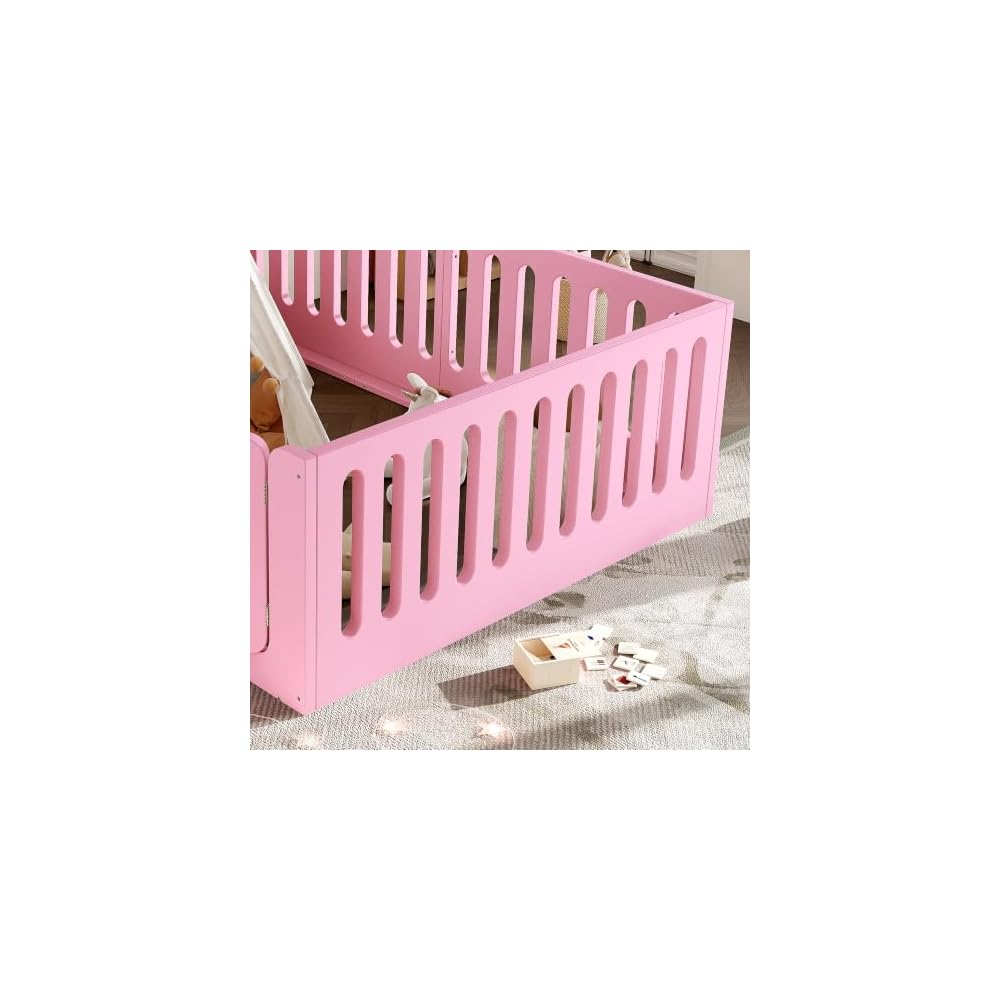 Queen Floor Bed with High Fence and Door, Low Profile Montessori Bed, Pink
