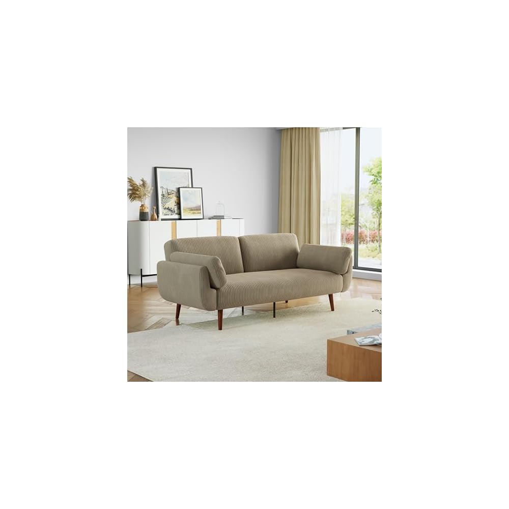 Convertible Futon Couch Sleeper Sofa Bed, Corduroy Fabric Modern 2-Seater Loveseat Tufted Sleep Lounge Sofa with Adjustable Backrest for Living Room, Bedroom, Apartment -Khaki