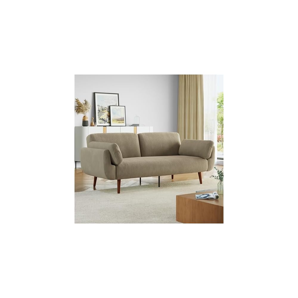 Convertible Futon Couch Sleeper Sofa Bed, Corduroy Fabric Modern 2-Seater Loveseat Tufted Sleep Lounge Sofa with Adjustable Backrest for Living Room, Bedroom, Apartment -Khaki