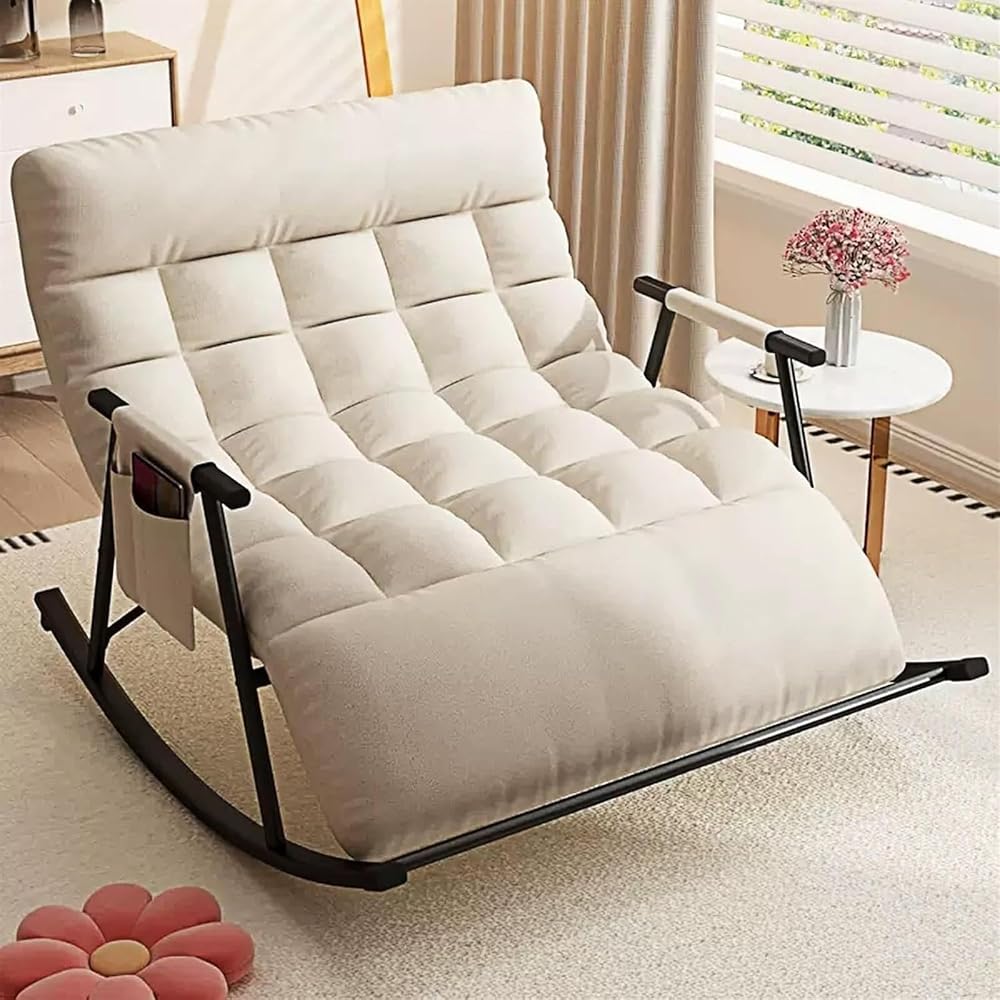 Cozy Modern Rocking Chair with Soft Cushion for Living Room, Bedroom & Outdoor - Zero Gravity Lounge Chair with Armrests (Off White, Black Legs)