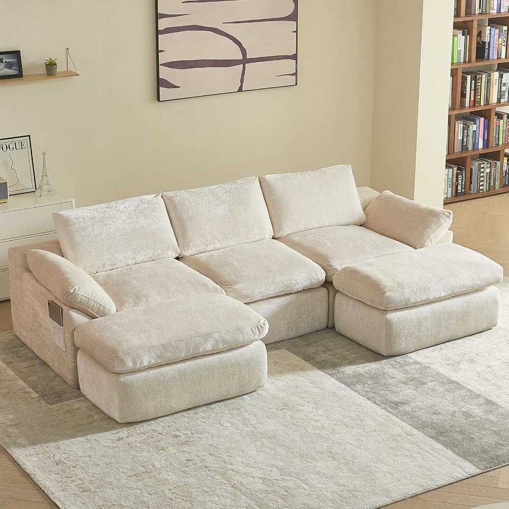 Vamcheer U-Shaped Sectional Sofa with 2 Ottomans, Beige 60.6''x108''x22.8''