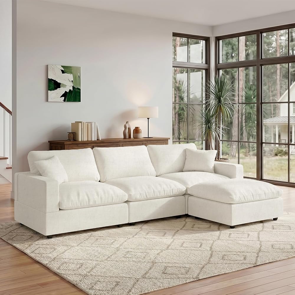 95.4" L Shaped Modular Sectional Cloud Couch,Modern Sofa with Down Filling, Detachable Cushion Covers,3 Seater with Ottoman Comfy Modular Sectional Sofa,Cream White-Linen