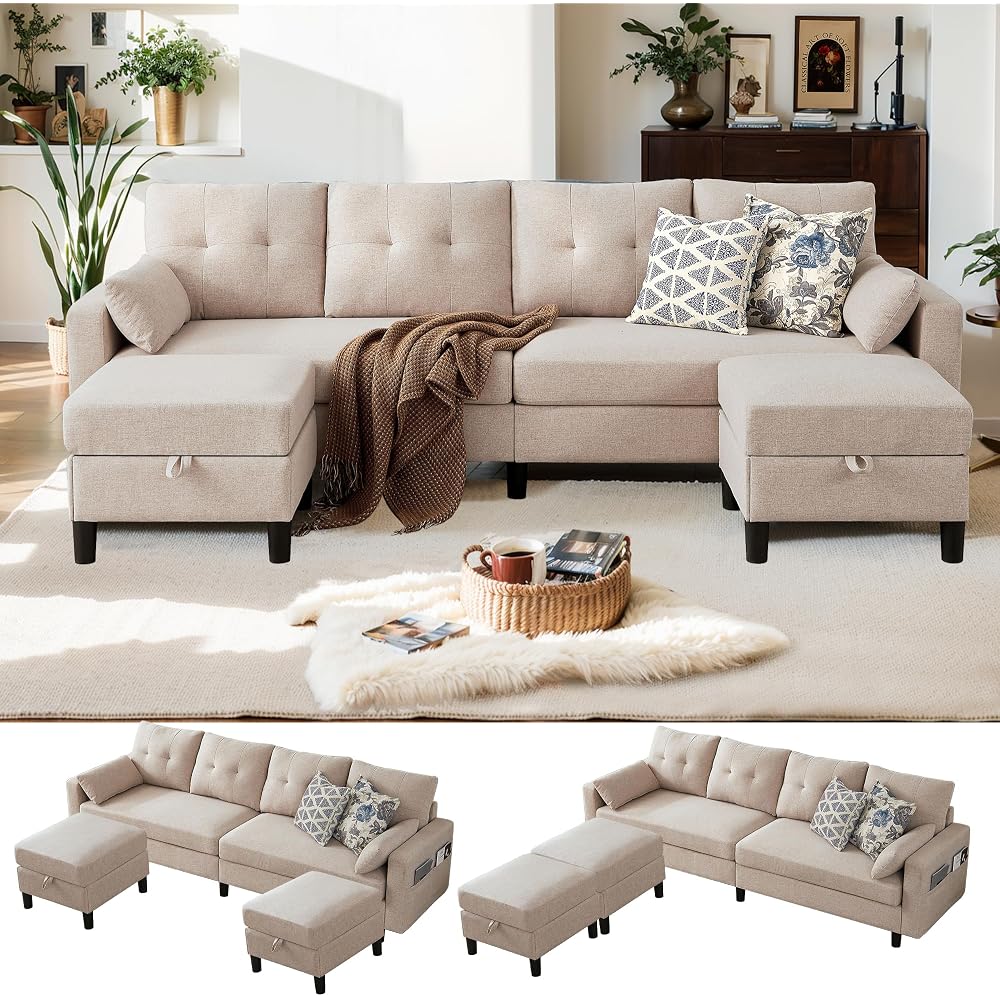 Sectional U Shape Sofa with Storage, 100" Convertible 4 Seater Couch with 2 Movable Ottomans Polyester Fibre for Living Room, Beige