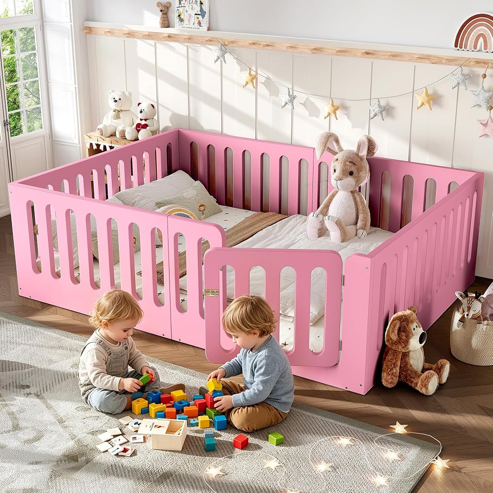 Queen Floor Bed with High Fence and Door, Low Profile Montessori Bed, Pink