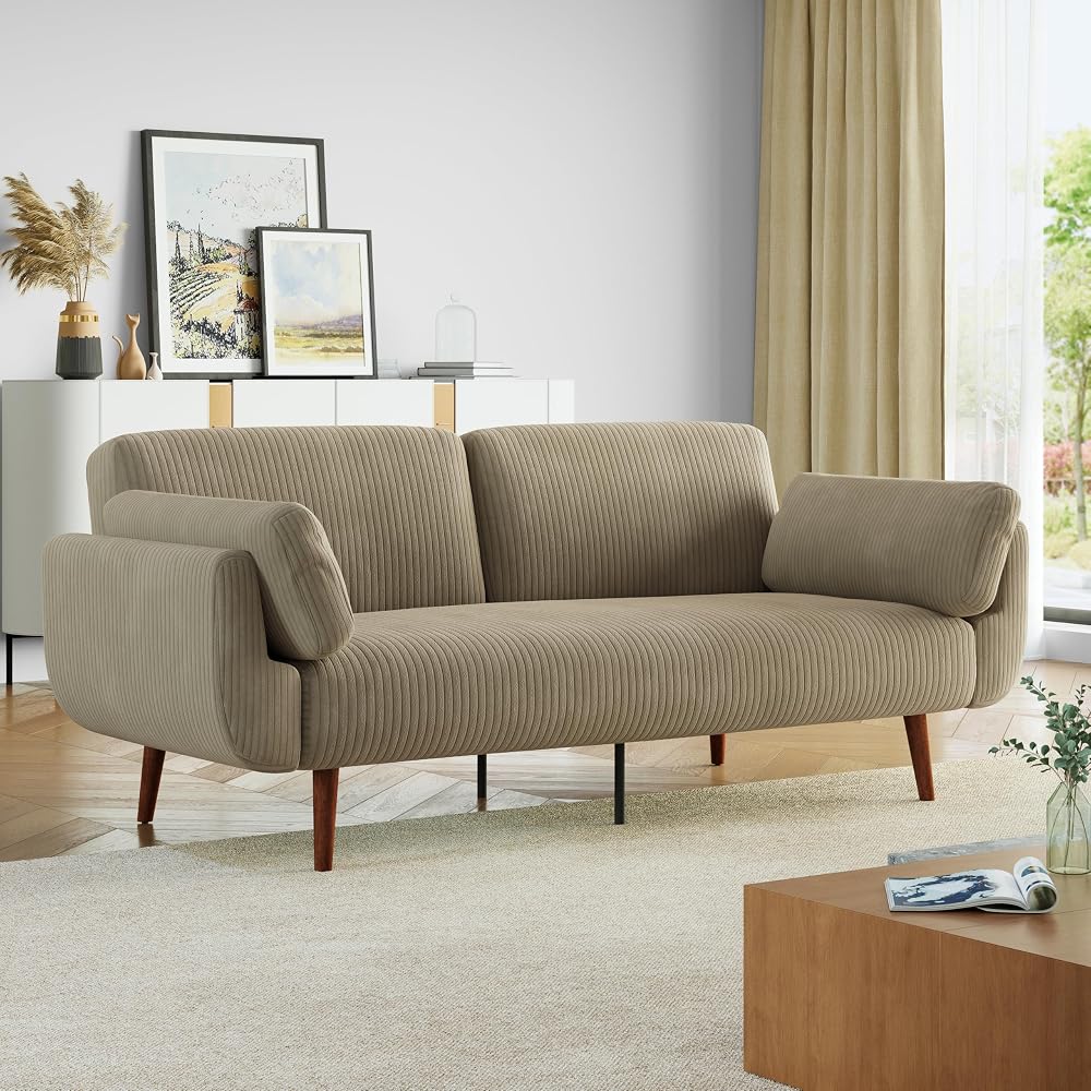 Convertible Futon Couch Sleeper Sofa Bed, Corduroy Fabric Modern 2-Seater Loveseat Tufted Sleep Lounge Sofa with Adjustable Backrest for Living Room, Bedroom, Apartment -Khaki